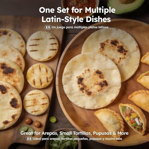 Stainless Steel Arepa Molds 3 Sizes (3.1", 4.3", 6.1") with Rolling Pin, 2 Silicone Mats & Brush — Tortilla Press for Colombian & Venezuelan Arepas, Non‑Rust Durable Kitchen Set in Kuwait
