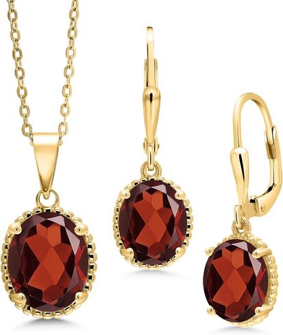 Gem Stone King 18K Yellow Gold Plated Silver Oval Red Garnet Pendant and Earrings Jewelry Set For Women (7.20 Cttw, Gemstone Birthstone, with 18 Inch Chain) in Saudi Arabia