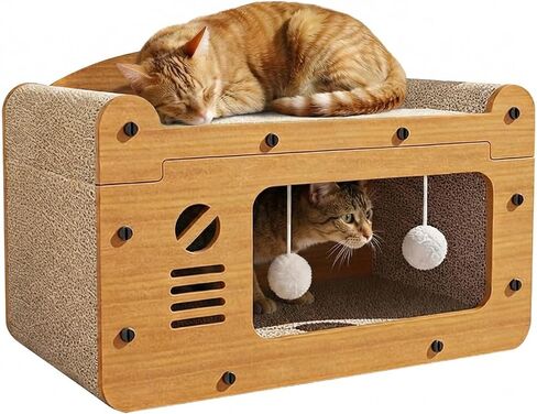 Luxury Cat Scratcher House, Retro TV Shaped Cat Condo, Large Cardboard Cat Scratching Board with Premium Dark Walnut Finish, Elegant Pet Furniture, 22x12x12in in Kuwait