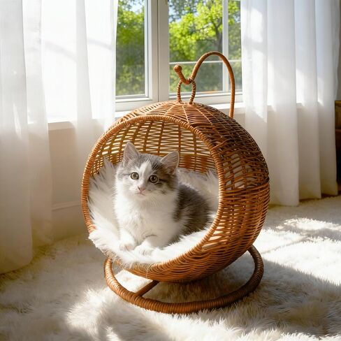 Wicker Cat Bed Indoor & Outdoor, Handwoven PP Rattan Cat Swing Bed with Removable Washable Cushion, Breathable Waterproof Cat House for Cats & Small Dogs (Small–11.4" L × 18.9" H) in Kuwait