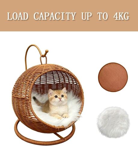 Wicker Cat Bed Indoor & Outdoor, Handwoven PP Rattan Cat Swing Bed with Removable Washable Cushion, Breathable Waterproof Cat House for Cats & Small Dogs (Small–11.4" L × 18.9" H) in Kuwait