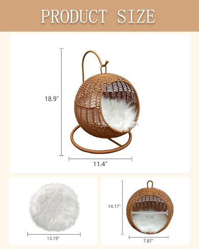Wicker Cat Bed Indoor & Outdoor, Handwoven PP Rattan Cat Swing Bed with Removable Washable Cushion, Breathable Waterproof Cat House for Cats & Small Dogs (Small–11.4" L × 18.9" H) in Kuwait