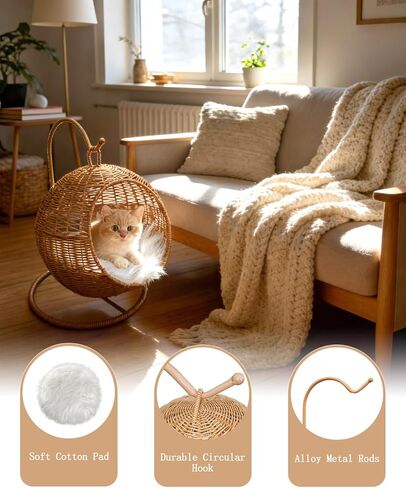 Wicker Cat Bed Indoor & Outdoor, Handwoven PP Rattan Cat Swing Bed with Removable Washable Cushion, Breathable Waterproof Cat House for Cats & Small Dogs (Small–11.4" L × 18.9" H) in Kuwait
