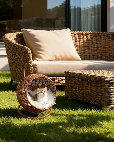 Wicker Cat Bed Indoor & Outdoor, Handwoven PP Rattan Cat Swing Bed with Removable Washable Cushion, Breathable Waterproof Cat House for Cats & Small Dogs (Small–11.4" L × 18.9" H) in Kuwait