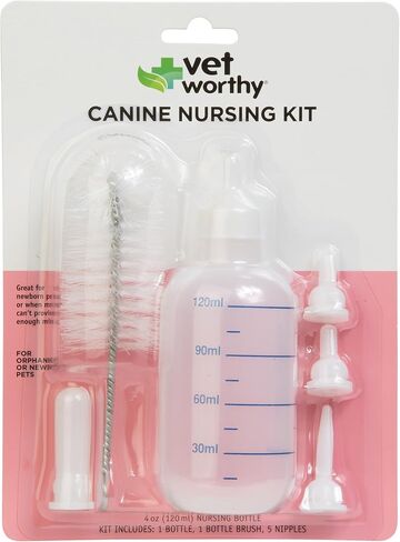 Vet Worthy 6-piece Canine Nursing Kit – 4oz Reusable Puppy Feeding Bottle with 4 Nipples and 1 Cleaning Brush – Newborn Puppy Bottles for Nursing Puppy Milk and Feeding – Suitable for Small Animals in Kuwait