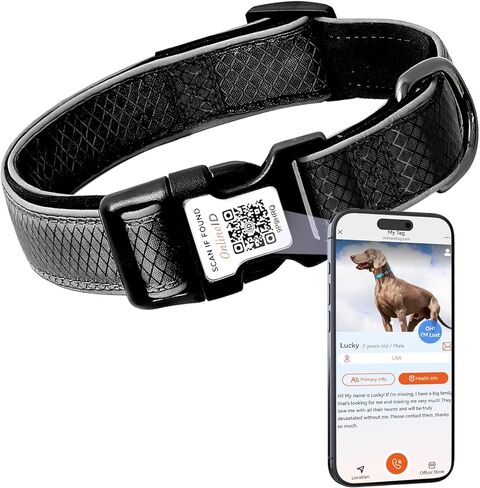 طوق كلب عاكس مخصص للكلاب الكبيرة، طوق كلب مبطن ناعم من النيوبرين مضاد للفقد مع علامة رمز الاستجابة السريعة وملف شخصي على الإنترنت، أسود، L in Kuwait