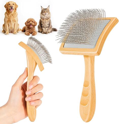 Slicker Brush for Long-Haired Dogs & Cats, Professional Dog Grooming Brush for (Goldendoodles, Poodles, Labradoodles), Large Pets Pin Tips Brushes with Natural Beech Wood Ergonomic Handle in Kuwait