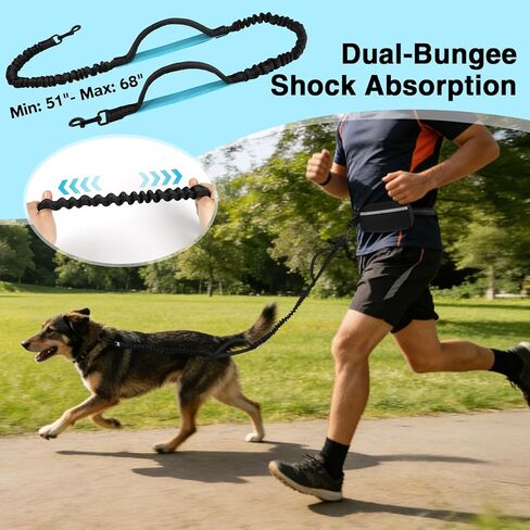 Hands Free Dog Leash with Zipper Pouch, Dual Padded Handles, Shock Absorbing Bungee Leash for Small Medium Large Dogs, Ideal for Walking Jogging Running Hiking (Black) in Kuwait