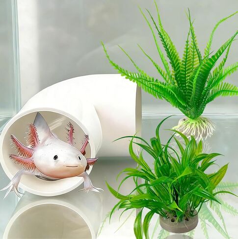 Axolotl Hide Tube and 2 Artificial Plants for Aquarium, Axolotl Cave and Aquatic Plant Set, Aquarium Decor Set, Safe Hide Tube & Green Plants for Axolotl, Fish, Turtles ,Fish, Tank Decorations Accesso in Kuwait
