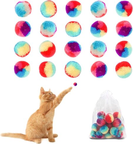 FuninCrea 20 Pcs Cat Ball Toy, 1.18-Inch Rainbow Cat Toy Ball Colorful Cat Pom Pom Balls with a Small Pouch, Fuzzy Kitty Balls for Cats, Kitten Toys for Playing Training Chasing (A,Small) in Kuwait