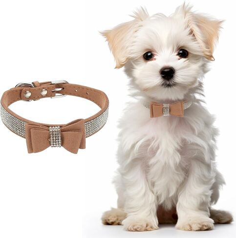 Cute Dog Collar with Bling Rhinestone, Bling Dog Collar Adjustable Leather Diamond Sparkling Jewel Accessories 17", (Brown), Intended for Teacup/Cat/Small Medium Large Pet in Saudi Arabia
