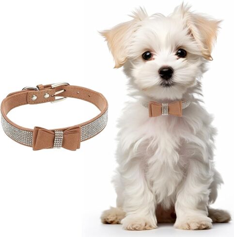 Cute Dog Collar with Bling Rhinestone, Bling Dog Collar Adjustable Leather Diamond Sparkling Jewel Accessories 17", (Brown), Intended for Teacup/Cat/Small Medium Large Pet in Saudi Arabia