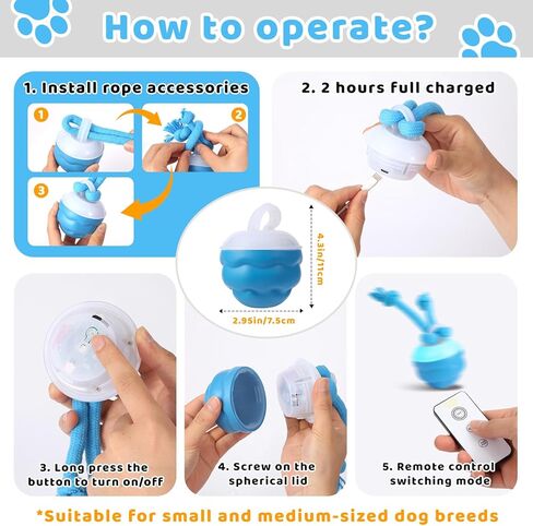Interactive Dog Toys with Remote Control - 4 Play Modes, Obstacle Avoidance & Replaceable Chew-Resistant Rope, USB Rechargeable Automatic Moving Ball, Mental Stimulation for Small Medium Dogs in Kuwait