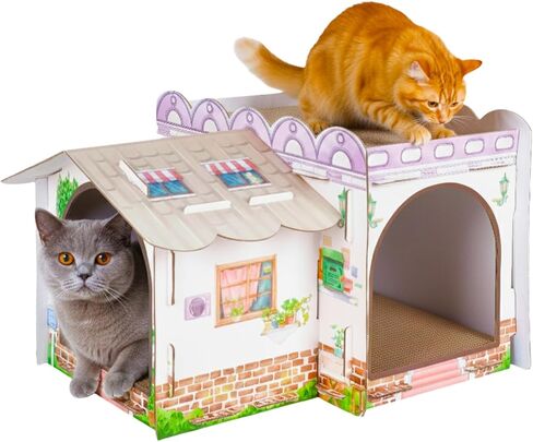 Cardboard Cat House with Scratch Pads, Durable 2-Story Corrugated Cat Scratcher Playhouse with Windows for Indoor Cats & Small Pets, Easy Assembly, 15.5" L × 8.46" W × 12.4" H in Saudi Arabia