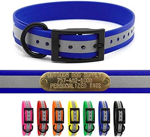 Outdoor Dog Supply 1" SoftFlex Reflective Waterproof D-Ring Dog Collar with Custom 3/4" Brass Nameplate & Black Hardware for Medium & Large Dogs (Reflective Blueberry Blast, 21") in Kuwait