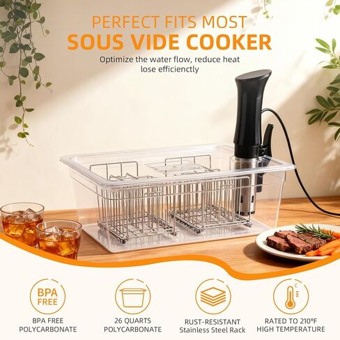 Sous Vide Container 26 Quart with Lid & 2 Racks, Large Precision Cooker Water Bath Tank, Food-Grade PC Material, Heat Resistant (-40°F to 212°F) for Anova, Joule, Instant Pot in Kuwait