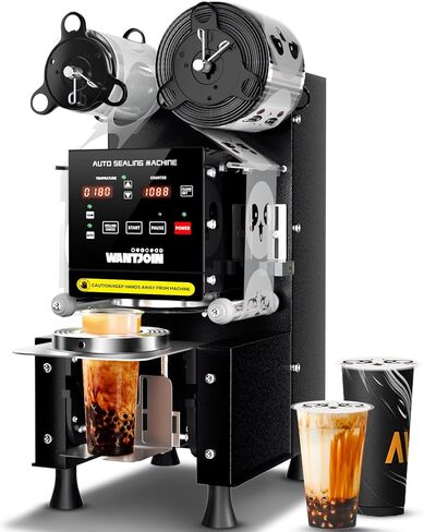 آلة ختم الأكواب WantJoin - آلة Boba Sealer Machine التجارية 2S ختم محاذاة الفيلم التلقائي 90/95 مم التحكم في درجة حرارة لوحة LED، سدادة الأكواب الكهربائية شبه الأوتوماتيكية لقهوة شاي حليب الفقاعات in Kuwait