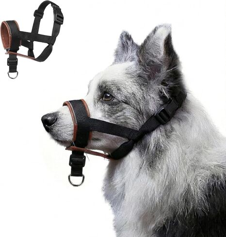 Dog Muzzle,Adjustable Loop Pets Muzzle Soft Leather Protect Skin Puppy Muzzles Prevent Biting Chewing Barking Allow Panting Drinking,Not Include Dog Collar (Khaki, Medium) in Kuwait