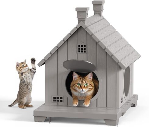 Outdoor Cat House Weatherproof, Durable Plastic Cat Houses for Outdoor Indoor Cats, Outdoor Cat Shelter with Elevated Base & Escape Door, Anti-Slip Pad, Ventilation, Grey in Saudi Arabia