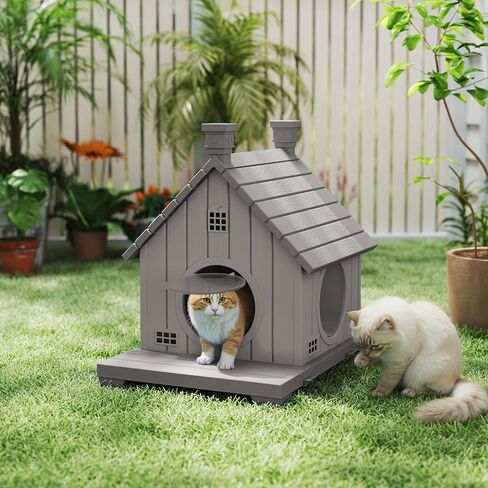 Outdoor Cat House Weatherproof, Durable Plastic Cat Houses for Outdoor Indoor Cats, Outdoor Cat Shelter with Elevated Base & Escape Door, Anti-Slip Pad, Ventilation, Grey in Saudi Arabia