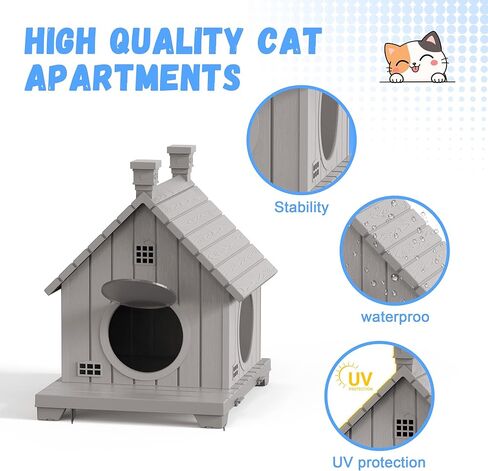 Outdoor Cat House Weatherproof, Durable Plastic Cat Houses for Outdoor Indoor Cats, Outdoor Cat Shelter with Elevated Base & Escape Door, Anti-Slip Pad, Ventilation, Grey in Saudi Arabia