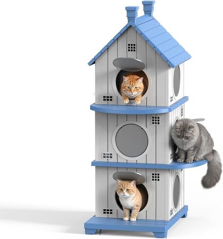 Outdoor Cat House Weatherproof, Durable Plastic Cat Houses for Outdoor Indoor Cats, Outdoor Cat Shelter with Elevated Base & Escape Door, Anti-Slip Pad, Ventilation, Grey in Saudi Arabia