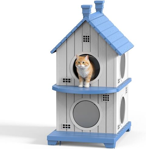 Outdoor Cat House Weatherproof, Durable Plastic Cat Houses for Outdoor Indoor Cats, Outdoor Cat Shelter with Elevated Base & Escape Door, Anti-Slip Pad, Ventilation, Grey in Saudi Arabia