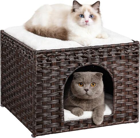 Snughome Handwoven Rattan Cat House - Indoor Foldable Cat Bed Cave with 2 Removable Bed Mats, Large Kitten House, Hideaway Pet Cube, 16.54 x 16.54 x 12.6 Inches, Natural, for Living Room & Bedroom in Kuwait