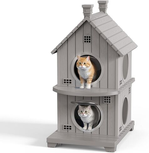 Outdoor Cat House Weatherproof, Durable Plastic Cat Houses for Outdoor Indoor Cats, Outdoor Cat Shelter with Elevated Base & Escape Door, Anti-Slip Pad, Ventilation, Grey in Saudi Arabia