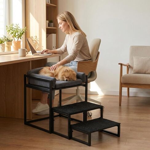 Pet Stairs for Dogs and Cats,Dog Window Perch, Iron Frame with Soft Cushion, Non-Slip Foldable Pet Steps for Bed Sofa Office Desk, Sunbathing Rest Platform in Kuwait