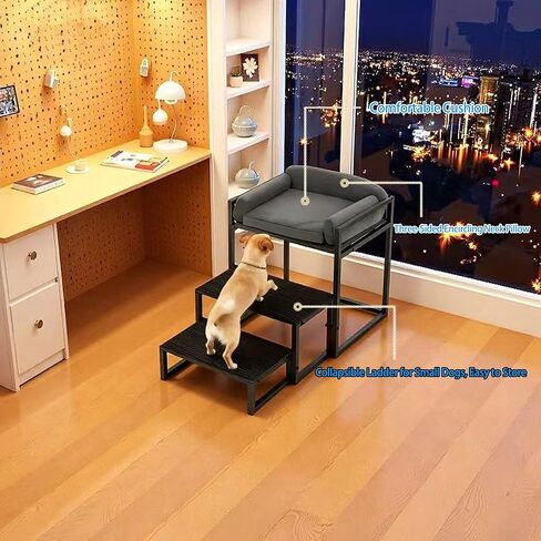 Pet Stairs for Dogs and Cats,Dog Window Perch, Iron Frame with Soft Cushion, Non-Slip Foldable Pet Steps for Bed Sofa Office Desk, Sunbathing Rest Platform in Kuwait