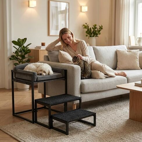 Pet Stairs for Dogs and Cats,Dog Window Perch, Iron Frame with Soft Cushion, Non-Slip Foldable Pet Steps for Bed Sofa Office Desk, Sunbathing Rest Platform in Kuwait