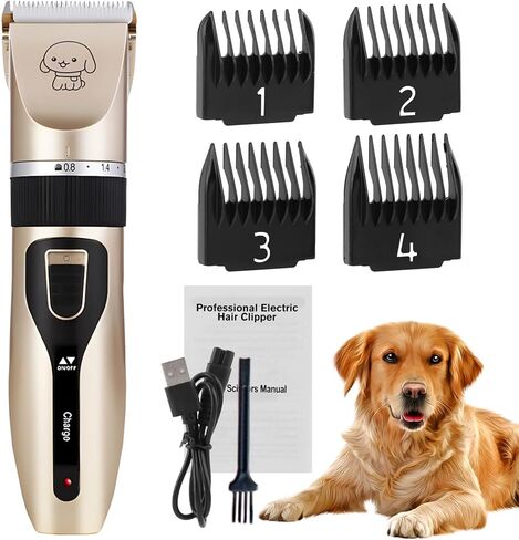 Dog Grooming Clippers - Low Noise Rechargeable Electric Cat Shaver Shears for All Pets, Dog Trimmer with 4 Guard Combs(Gold) in Kuwait