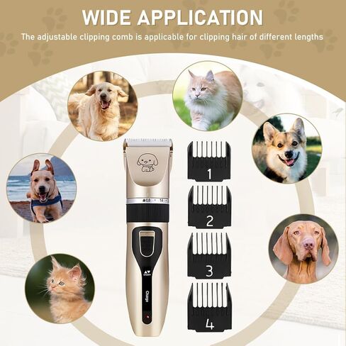 Dog Grooming Clippers - Low Noise Rechargeable Electric Cat Shaver Shears for All Pets, Dog Trimmer with 4 Guard Combs(Gold) in Kuwait