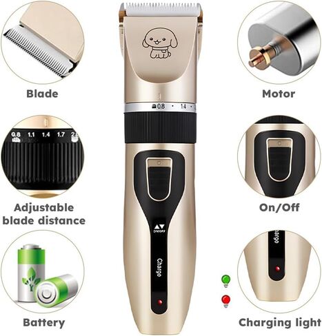 Dog Grooming Clippers - Low Noise Rechargeable Electric Cat Shaver Shears for All Pets, Dog Trimmer with 4 Guard Combs(Gold) in Kuwait