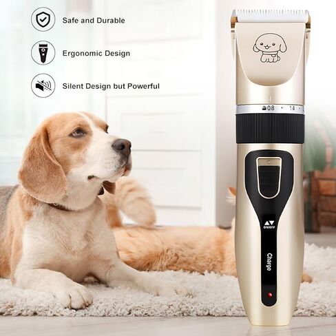 Dog Grooming Clippers - Low Noise Rechargeable Electric Cat Shaver Shears for All Pets, Dog Trimmer with 4 Guard Combs(Gold) in Kuwait