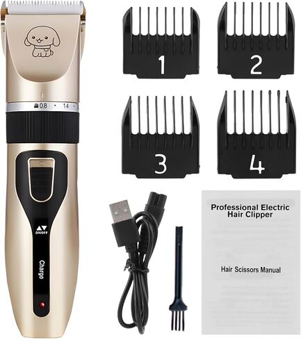 Dog Grooming Clippers - Low Noise Rechargeable Electric Cat Shaver Shears for All Pets, Dog Trimmer with 4 Guard Combs(Gold) in Kuwait
