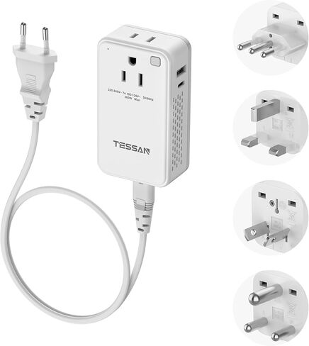 220V to 110V Voltage Converter US to Europe, TESSAN Universal Travel Adapter with 2 AC Sockets and 2 USB (1 USB-C) Ports, 200W Power Converter with EU/UK/AU/IT/India Plugs for Worldwide Travel in Saudi Arabia