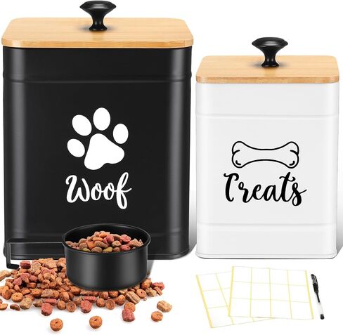 Jingmore Metal Dog Food Containers Set of 2 with Bamboo Lids and Spoon Airtight 7+3 lbs Dog Treat Snack Jars with DIY Labels Big Pet Cookie Storage Jar for Kitchen Counter (Vintage) in Saudi Arabia