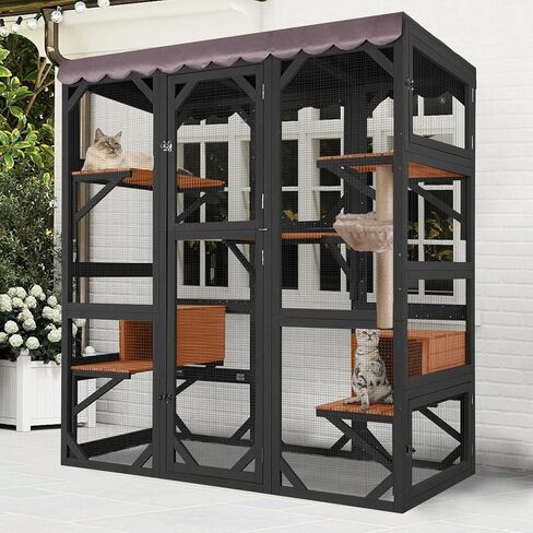 Aivituvin Catio في الهواء الطلق القط الضميمة قفص خشبي كبير للقطط الشقة روضة للقطط المتعددة غطاء مقاوم للماء للداخلية في الهواء الطلق (أسود) in Kuwait