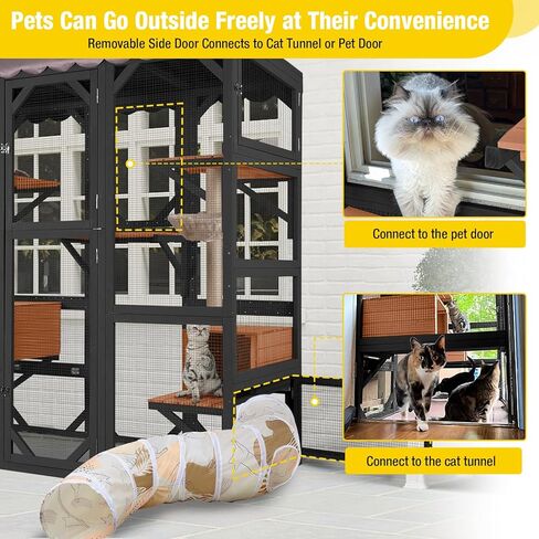 Aivituvin Catio في الهواء الطلق القط الضميمة قفص خشبي كبير للقطط الشقة روضة للقطط المتعددة غطاء مقاوم للماء للداخلية في الهواء الطلق (أسود) in Kuwait