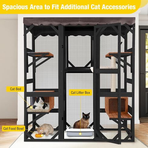 Aivituvin Catio في الهواء الطلق القط الضميمة قفص خشبي كبير للقطط الشقة روضة للقطط المتعددة غطاء مقاوم للماء للداخلية في الهواء الطلق (أسود) in Kuwait