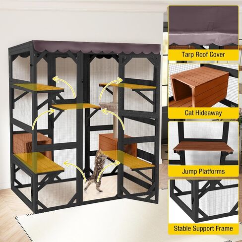Aivituvin Catio في الهواء الطلق القط الضميمة قفص خشبي كبير للقطط الشقة روضة للقطط المتعددة غطاء مقاوم للماء للداخلية في الهواء الطلق (أسود) in Kuwait