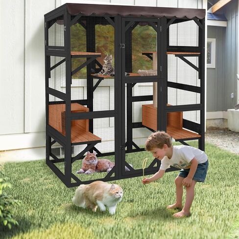 Aivituvin Catio في الهواء الطلق القط الضميمة قفص خشبي كبير للقطط الشقة روضة للقطط المتعددة غطاء مقاوم للماء للداخلية في الهواء الطلق (أسود) in Kuwait