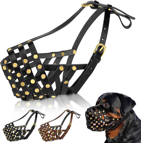كمامة للكلاب الكبيرة من OOPSDOGGY Rottweiler - كمامة سلة آمنة من الجلد تسمح بمرور الهواء للسلالات الكبيرة تمنع العض ولا تمضغ وقابلة للتعديل (أسود) in Kuwait