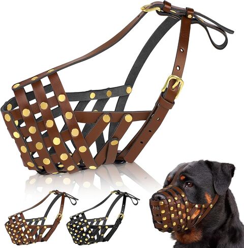 OOPSDOGGY Rottweiler Dog Muzzle for Large Dogs - Leather Breathable Secure Basket Muzzle for Large Breeds Prevents Biting No Chewing Adjustable (Black) in Saudi Arabia