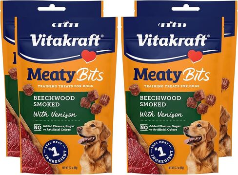 Vitakraft MeatyBits Venison، مكافآت تدريب للكلاب، مدخنة بشكل طبيعي، مكونات اللحوم الحقيقية رقم 1، بدون سكر مضاف، بدون نكهات أو ألوان صناعية، مكافآت ناعمة للكلاب، حقيبة، 2.2 أونصة، 4 قطع in Kuwait