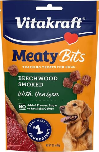 Vitakraft MeatyBits Venison، مكافآت تدريب للكلاب، مدخنة بشكل طبيعي، مكونات اللحوم الحقيقية رقم 1، بدون سكر مضاف، بدون نكهات أو ألوان صناعية، مكافآت ناعمة للكلاب، حقيبة، 2.2 أونصة، 4 قطع in Kuwait