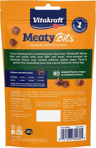 Vitakraft MeatyBits Venison، مكافآت تدريب للكلاب، مدخنة بشكل طبيعي، مكونات اللحوم الحقيقية رقم 1، بدون سكر مضاف، بدون نكهات أو ألوان صناعية، مكافآت ناعمة للكلاب، حقيبة، 2.2 أونصة، 4 قطع in Kuwait
