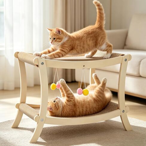 Indoor Cat Scratcher Bed, Double Layer Cat Hammock with Toy Ball, Wooden Sisal Cat Scratching Pad for Cats, Elevated Cat Lounge for Claw Grinding & Sleeping in Kuwait